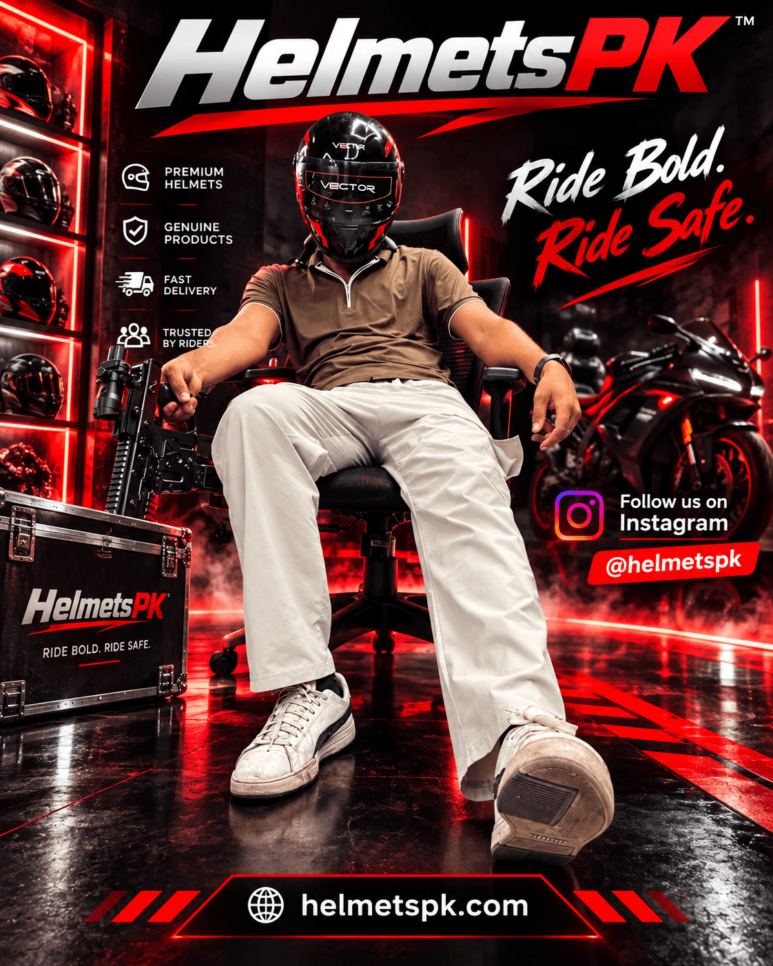 HelmetsPK campaign featuring a helmeted rider with the slogan Ride Bold. Ride Safe.