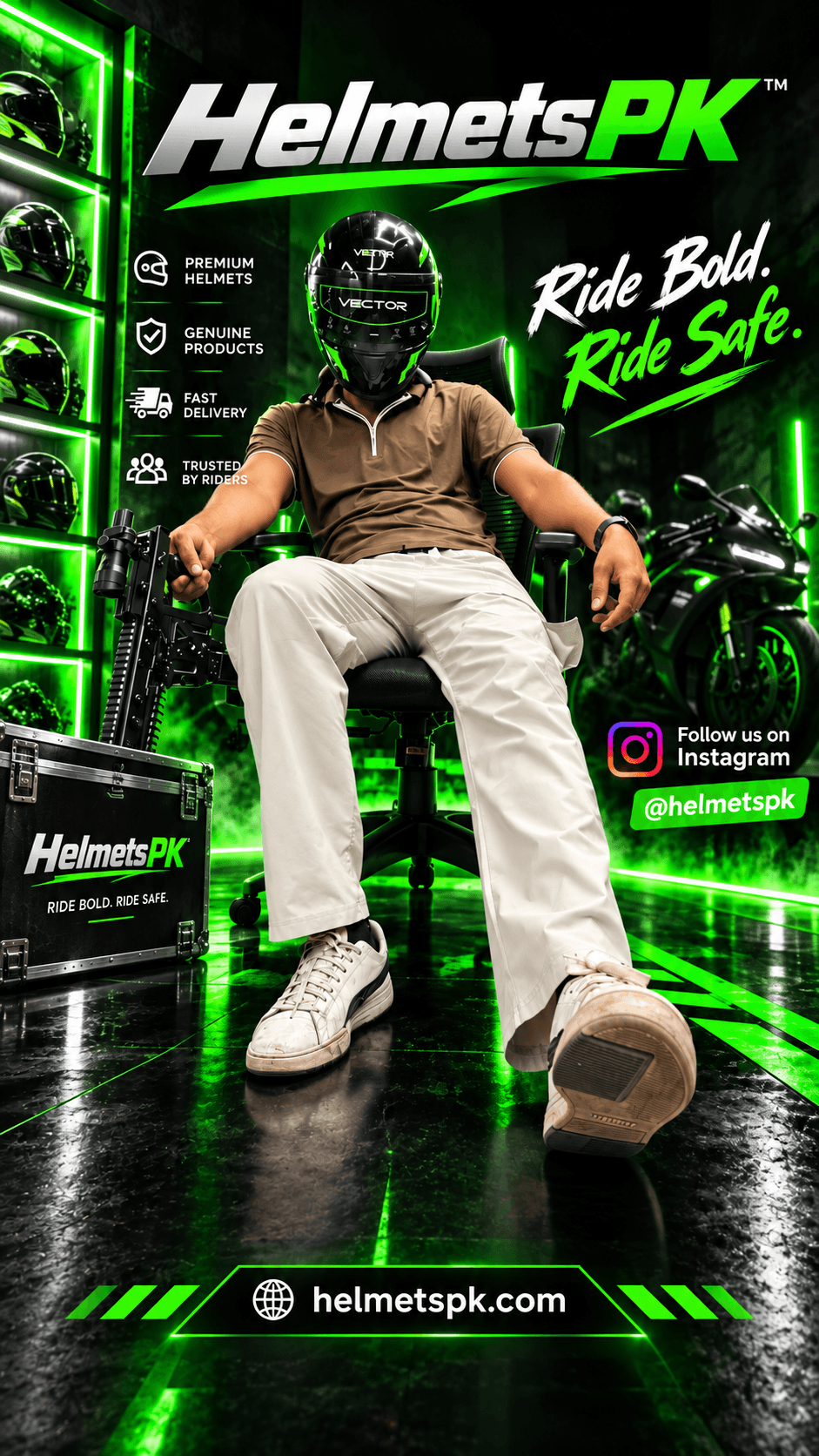 HelmetsPK campaign featuring a helmeted rider with the slogan Ride Bold. Ride Safe.
