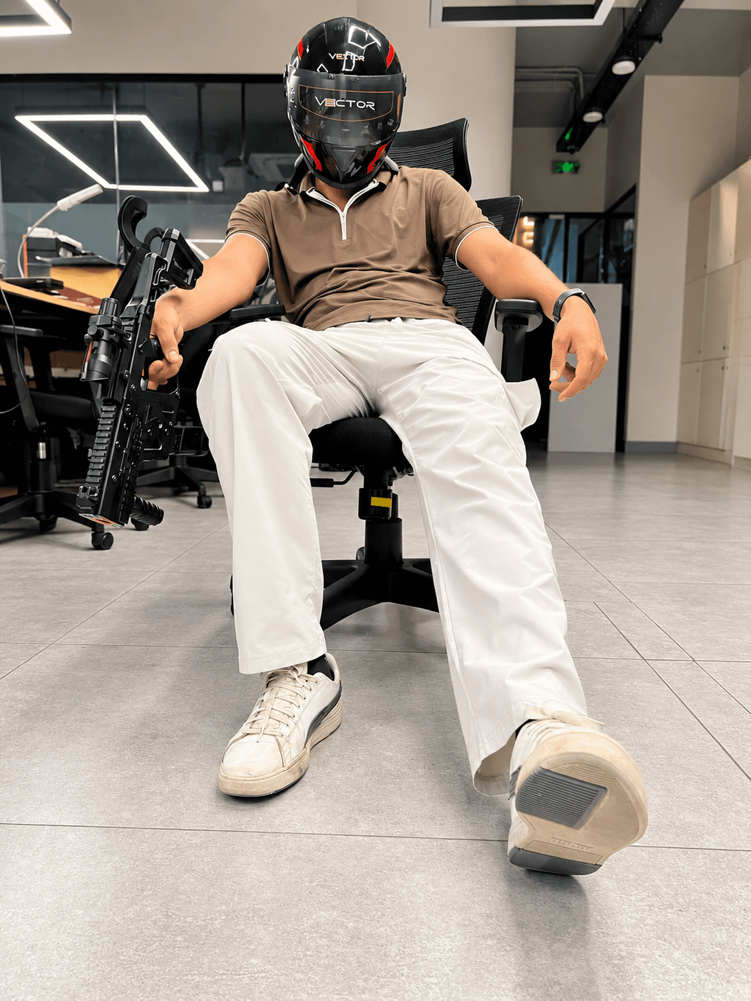 Full-length view of a rider wearing the Vector helmet