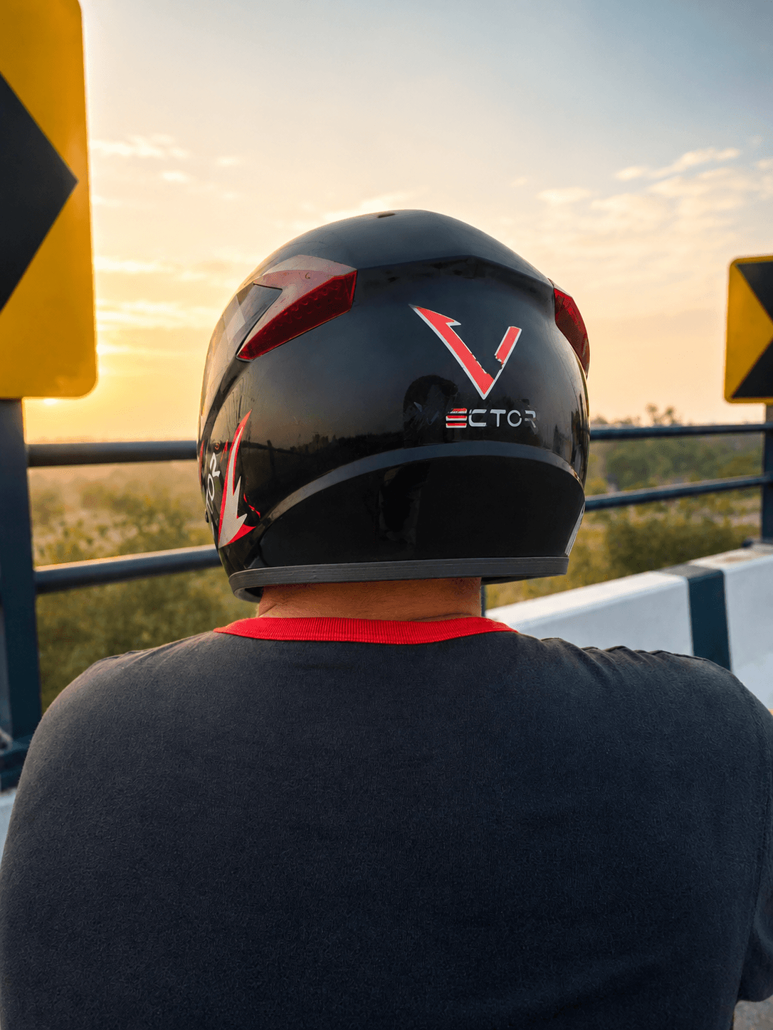 Vector Red Lightning helmet rear view at sunset