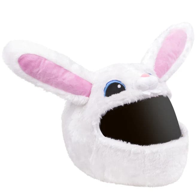 Angled view of a white plush bunny cover with pink ears fitted over a helmet
