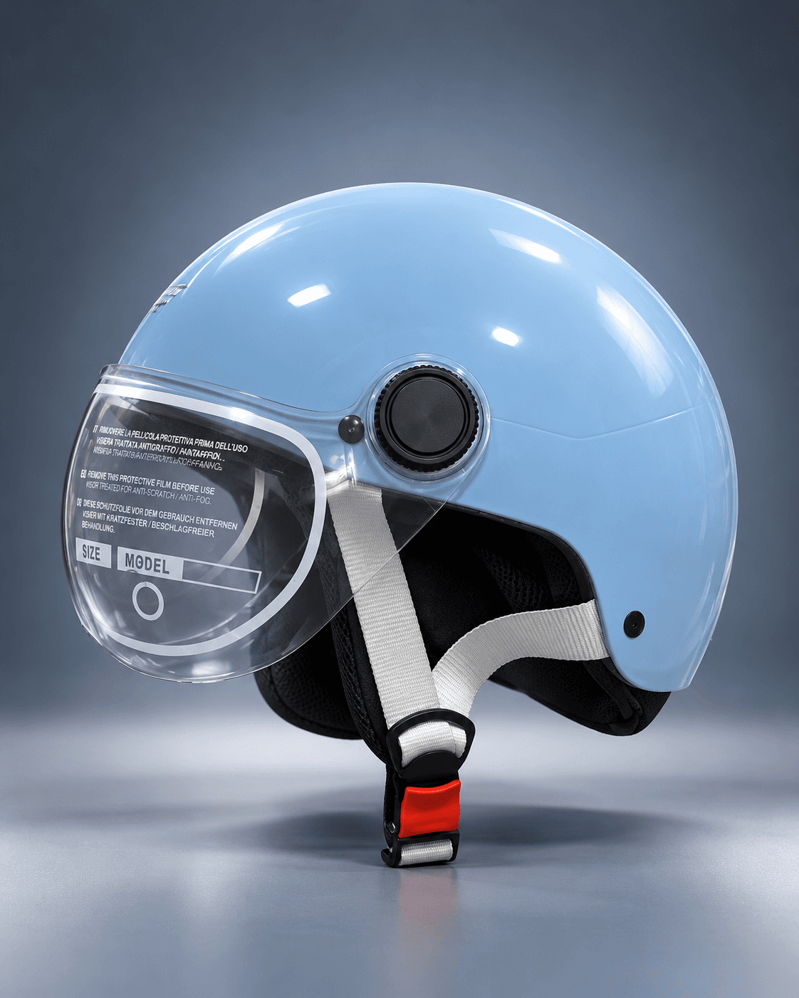 Blue open-face scooty helmet with clear visor and chin strap, side view